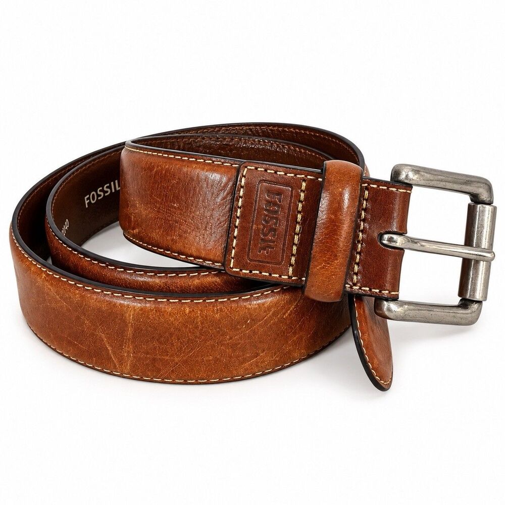 Fossil Men’s Belt Size 40 Brown Genuine Leather Silver Buckle Classic Casual